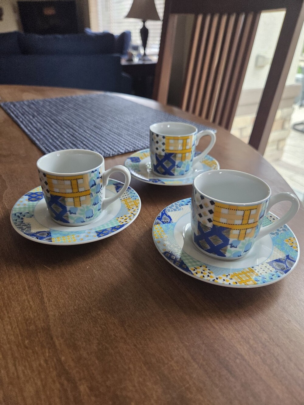 Kopin Fine Porcelain Demitasse Cup & Saucers Quilt/Geometric Design